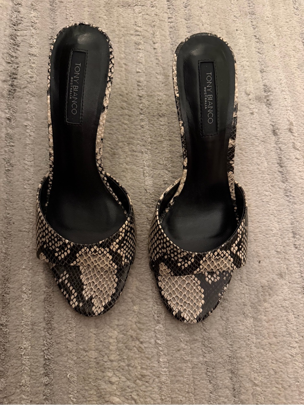 Tony Bianco Miller Black and Cream Snake-Print Slide Sandals
